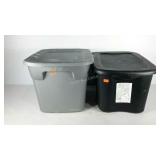 Two totes with lids, one lid is damaged