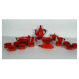 Burnt orange stoneware pottery tea set: 18
