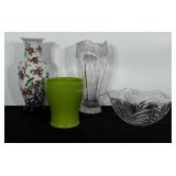 Home decor: heavy cut glass vase and bowl, green