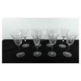 Glassware, eight 8" bell wine glasses with etched