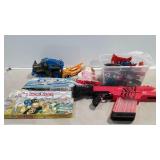 Toys, Nerf gun, train set, Monopoly game, GI Joe