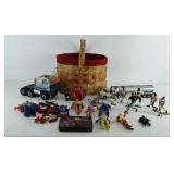 Basket with toys, sports figures, action figures,