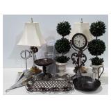 Home decor group, everlasting plants, clock, pair