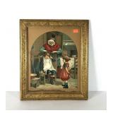 Early print of boy getting haircut, framed 17x20,