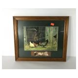Chickens in farmyard print, framed and matted,