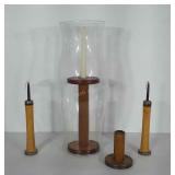 Wooden spool / candle holder decor. Glass piece
