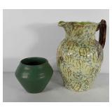 Pottery group, decorative pitcher, 11" tall, and