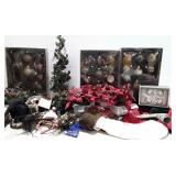 Boxed Christmas ornaments, Greenery and