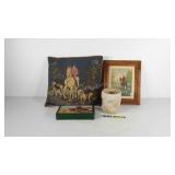 Fox hunt group, framed print, tin, and decorative