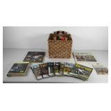 Woven storage basket with horse books and