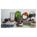 Hallowern decor lot: metal signs, kitchen towels,