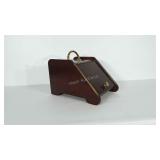 Wooden coal scuttle with brass handles, knob and