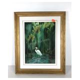 Watercolor painting, stork in water, signed Jan