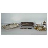 Kitchen Metal wares: footed serving dishes, crumb