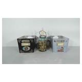 2 metal sewing bin boxes and a quart blue ball