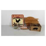 Farmhouse decor, rooster timer, pig decor, and