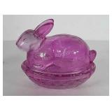 Pink glass rabbit in basket covered candy dish