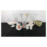 Barnyard salt & peppers, piggy planter, crystal