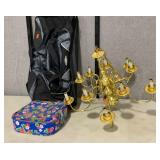 Group of suitcases, crutches, ceiling light,