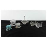 Glassware, includes Avon basket, top hats, and