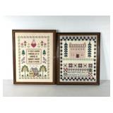 Needlework samplers, alphabet framed and under