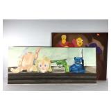 Two colorful paintings on canvas, toy shelf 48x20