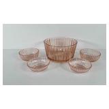Depression glassware, pink ribbed glass bowls,