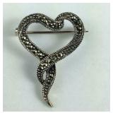 Vintage Marcasite Heart Ribbon Pin / Brooch,