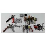 Box of tools, includes flathead screw drivers,