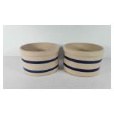 Two stoneware crocks with blue stripes, 6" H,