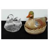 Glass swan covered dish and duck egg holder