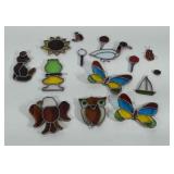 Leaded glass art pieces: butterflies, owl, duck,