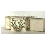 Needlework throw pillows, mini yoyo flower