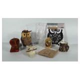 Owl lovers lot: etched glass candle holder, mug,