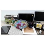 Throw pillow, monitors (no power cords), frames,