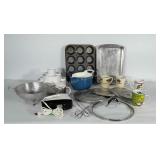 Kitchenwares: mixing bowls, hand mixer, migs.