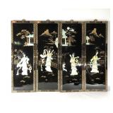 Four lacquered Asian style panels, painted with