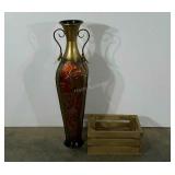 One decorative metal vessel and one wooden crate