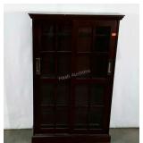 Display cabinet, sliding doors, wood shelving, 9