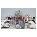 Glassware, maps, ephemera,  neck pillow, books,
