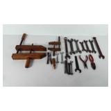 Tools, includes wrenches, pliers, wooden clamps