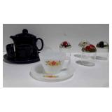 4 jam jars, fire-king cup and saucer, cobalt blue