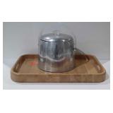 Wooden serving tray and aluminum ice bucket, no
