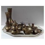 Brass home decor vases, condiment set, candle