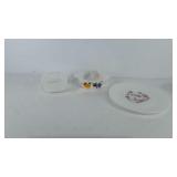 Fire King dishes, fruit bowl, floral plate, and