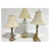 Three table and accent lamps, glass stands 25",