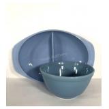 Blue Pyrex bowls, 7" bowl and 13" divided bowl