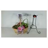 Group: gazing ball stand, basket and faux