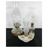 Oil lamp group, porcelain aladdin and two glass