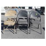 6 folding chairs, four black with fabric seats, 2